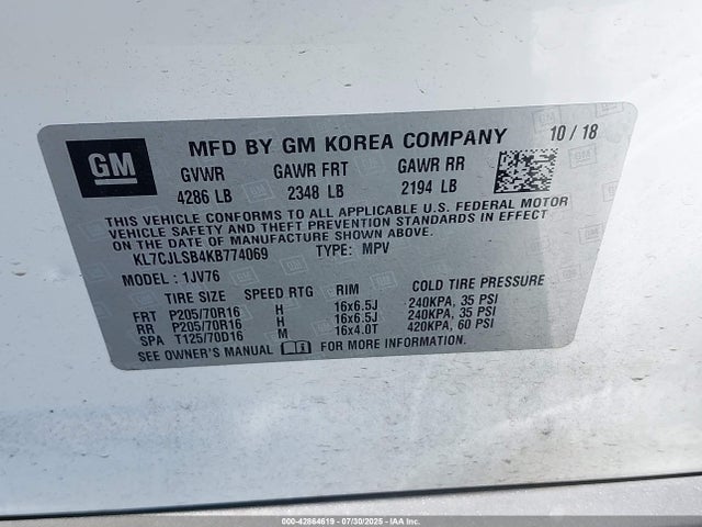 KL7CJLSB4KB774069 Chevrolet luv - mfi, variable valve timing, e85 max, alum