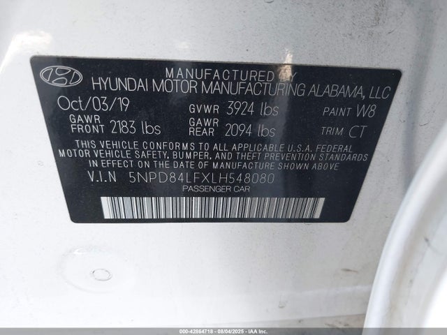 5NPD84LFXLH548080 Hyundai mpi nu
