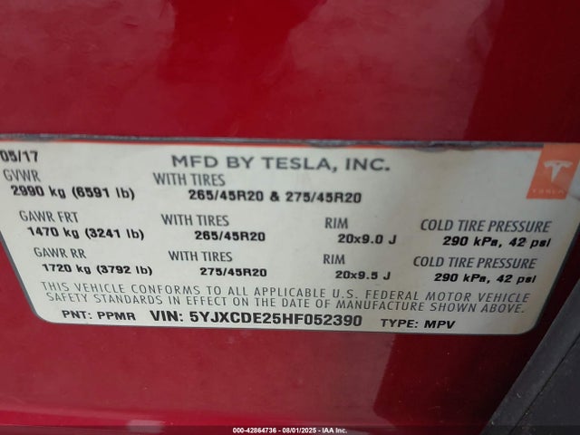2017 TESLA MODEL X 5YJXCDE25HF052390 Photo 8