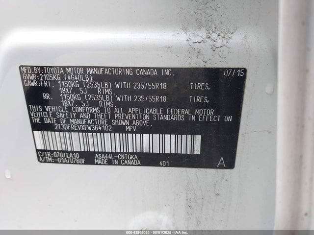 2T3DFREVXFW364102 Toyota 2ar-fe