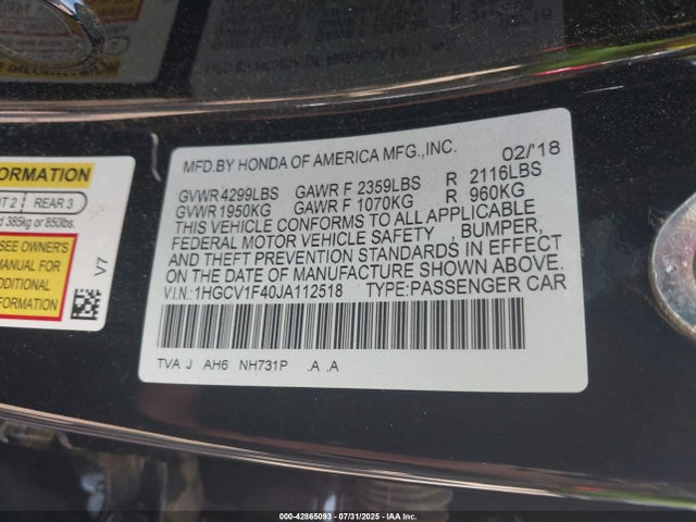 1HGCV1F40JA112518 Honda l15be