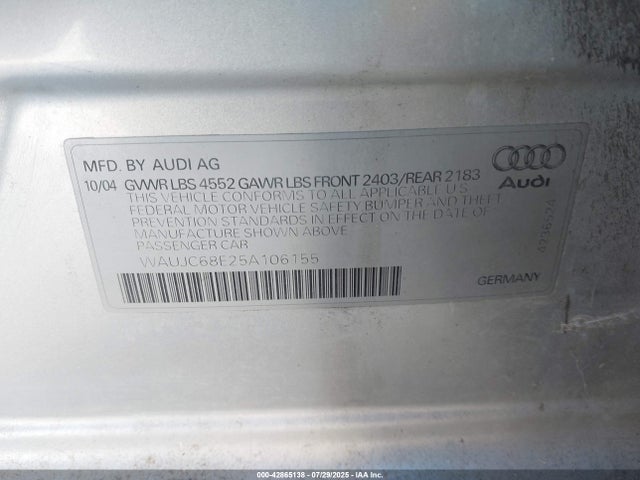 2005 AUDI A4 WAUJC68E25A106155 Photo 8