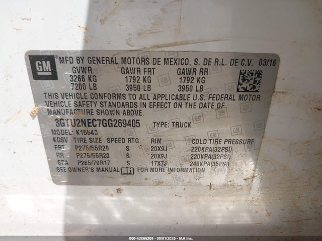 Продаж на аукціоні авто 2016 Gmc Sierra 1500 Slt, vin: 3GTU2NEC7GG269405, номер лоту: 42865208