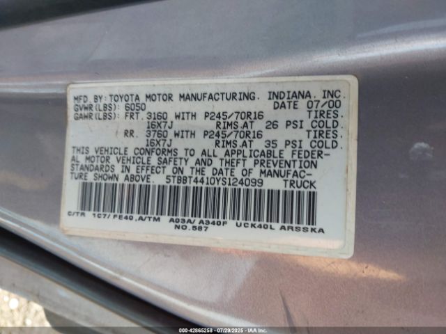 2000 TOYOTA TUNDRA 5TBBT4410YS124099 Photo 8