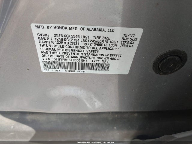 Honda j35y6 2018 5FNYF5H5XJB001545 Image 9
