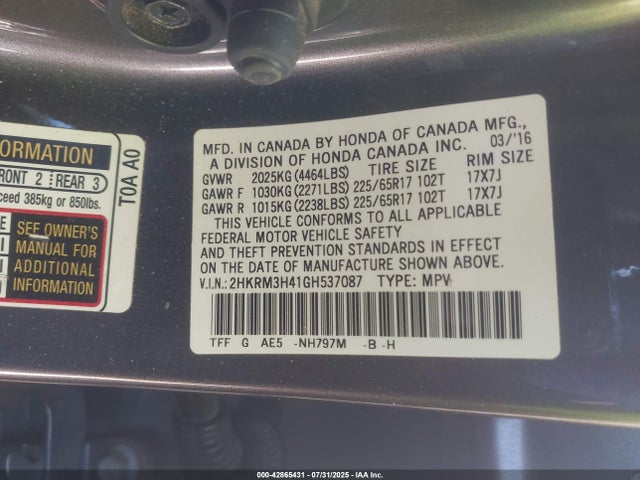 Honda k24w9 2016 2HKRM3H41GH537087 Image 9