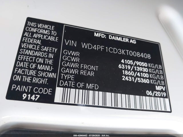 Aukcja sprzedaży 2019 Mercedes-benz Sprinter 2500 High Roof V6, vin: WD4PF1CD3KT008408, numer aukcji: 42865482
