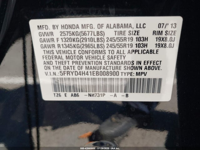 Acura j35y5 2014 5FRYD4H41EB008900 Image 9