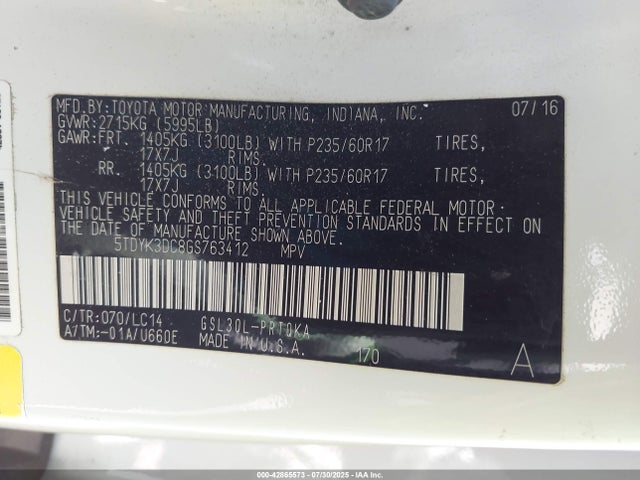 Toyota 2gr-fks 2016 5TDYK3DC8GS763412 Image 9