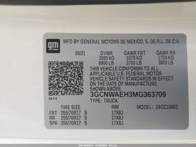 3GCNWAEH3MG363709 Chevrolet lv3 - gen 5, sidi, vvt, max alum