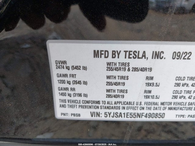 2022 TESLA MODEL S 5YJSA1E55NF490850 Photo 8