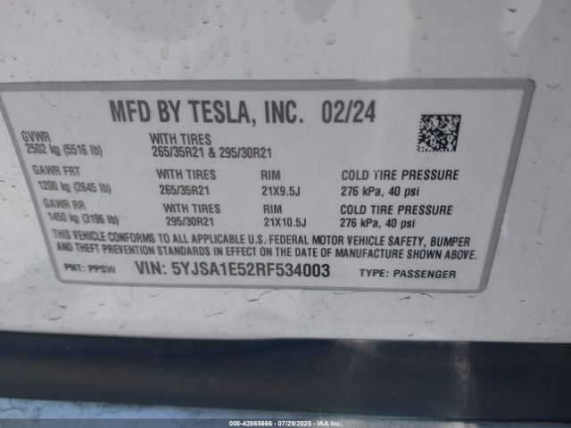 2024 TESLA MODEL S 5YJSA1E52RF534003 Photo 8