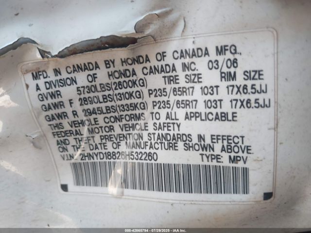 2006 ACURA MDX 2HNYD18826H532260 Photo 8