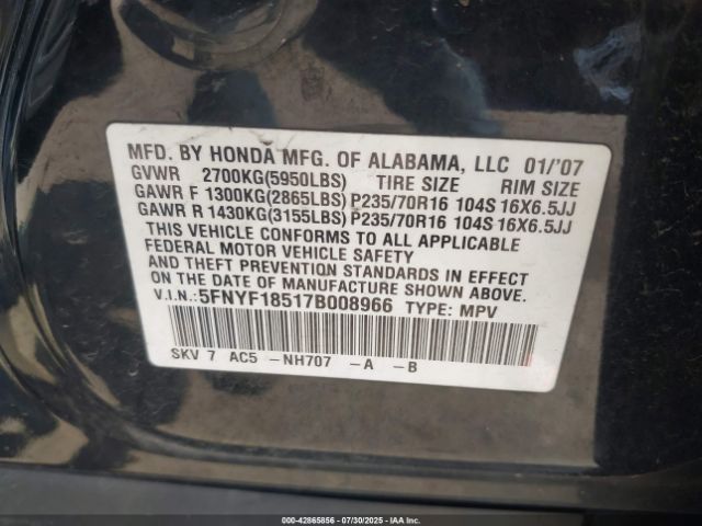 2007 HONDA PILOT 5FNYF18517B008966 Photo 8