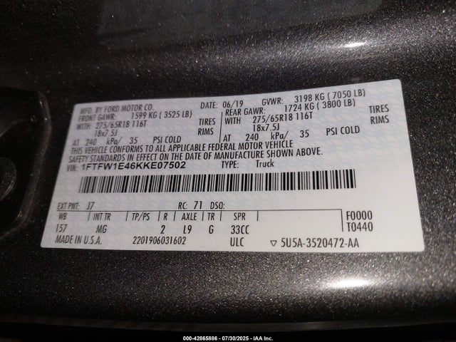 1FTFW1E46KKE07502 Ford gtdi
