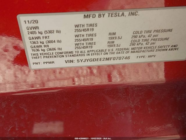 2021 TESLA MODEL Y 5YJYGDEE2MF070746 Photo 8