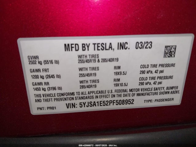 2023 TESLA MODEL S 5YJSA1E52PF508952 Photo 8