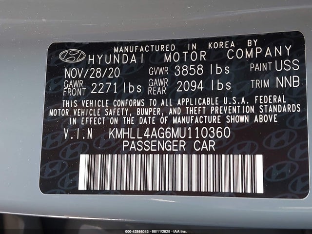 KMHLL4AG6MU110360 Hyundai mpi nu pe