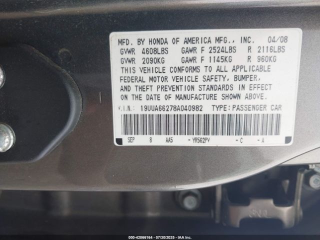 2008 ACURA TL 19UUA66278A040982 Photo 8