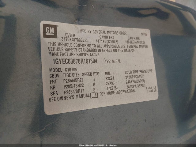 2008 CADILLAC ESCALADE 1GYEC63878R161304 Photo 8