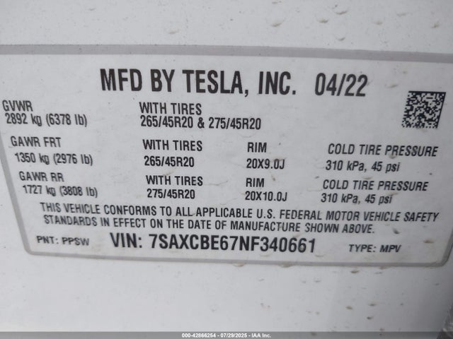 42866254 :رقم المزاد ، 7SAXCBE67NF340661 vin ، 2022 Tesla Model X Plaid Tri Motor All-wheel Drive مزاد بيع