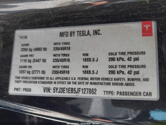 2018 Tesla Model 3 Long Range/performance მანქანა იყიდება აუქციონზე, vin: 5YJ3E1EB5JF127862, აუქციონის ნომერი: 42866317