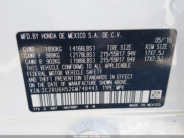 3CZRU6H52GM748443 Honda r18z9