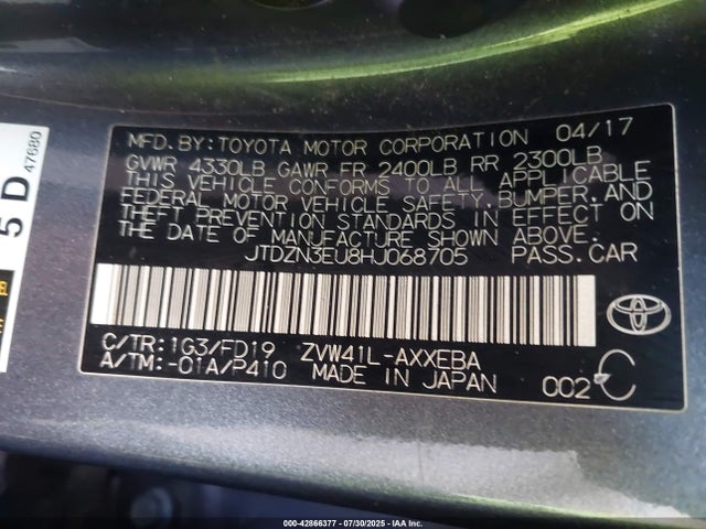 JTDZN3EU8HJ068705 Toyota 2zr-fxe, 5jm
