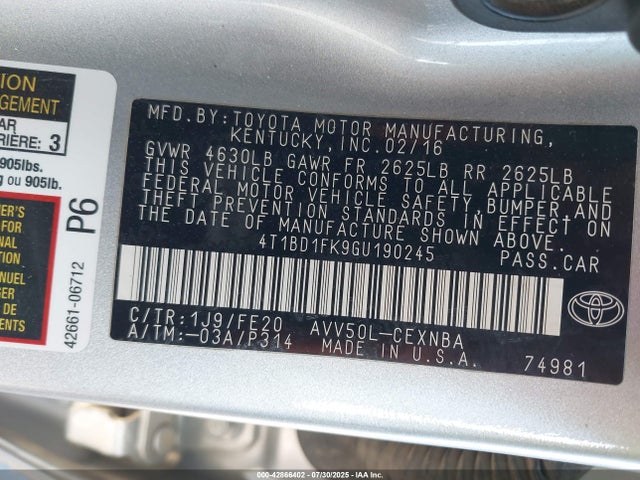 Toyota 2ar-fxe+2jm 2016 4T1BD1FK9GU190245 Image 9