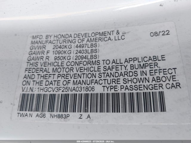 1HGCV3F25NA031806 Honda lfb2