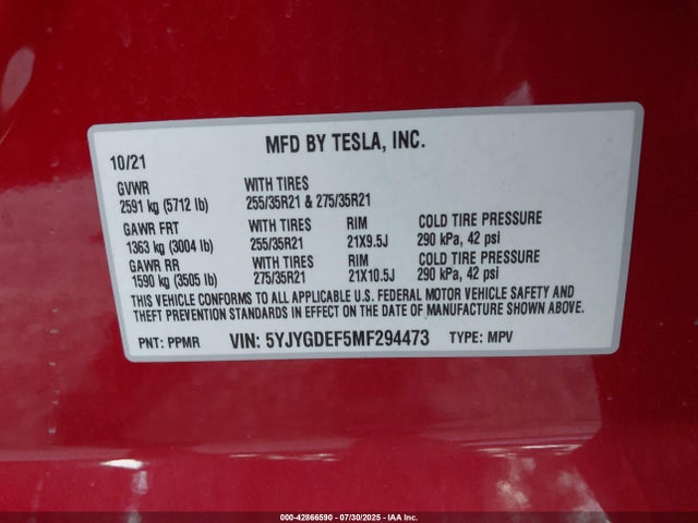 2021 TESLA MODEL Y 5YJYGDEF5MF294473 Photo 8