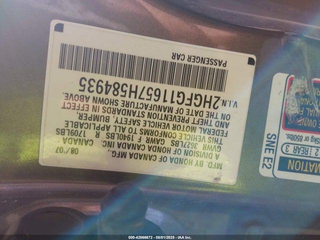 Продаж на аукціоні авто 2007 Honda Civic Lx, vin: 2HGFG11657H584935, номер лоту: 42866672