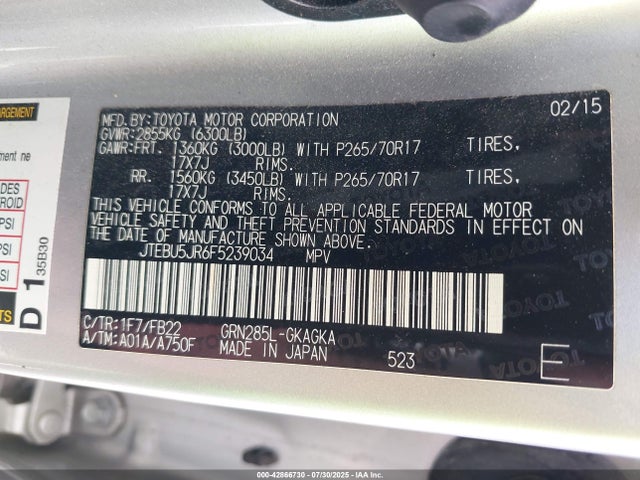 JTEBU5JR6F5239034 Toyota 1gr-fe