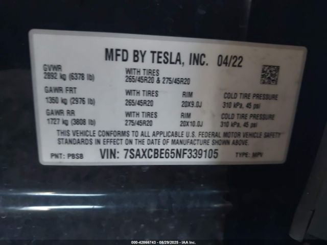 2022 TESLA MODEL X 7SAXCBE65NF339105 Photo 8