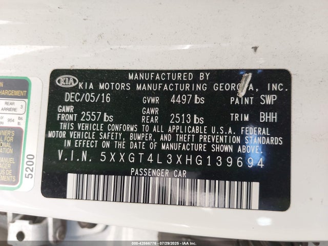 5XXGT4L3XHG139694 KIA g 2.4 dohc gdi