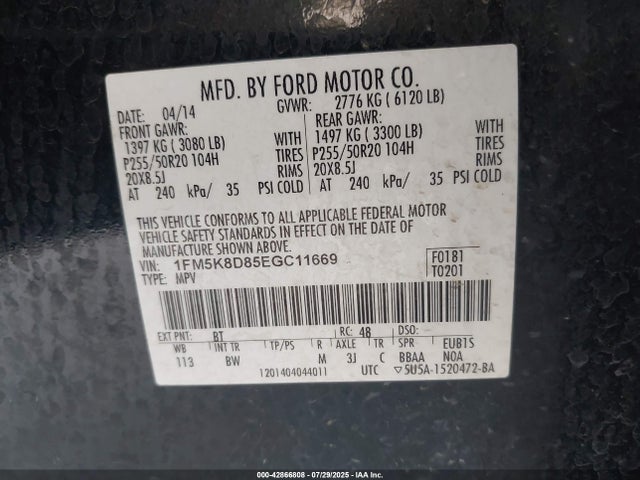 Ford 2014 2014 1FM5K8D85EGC11669 Image 9