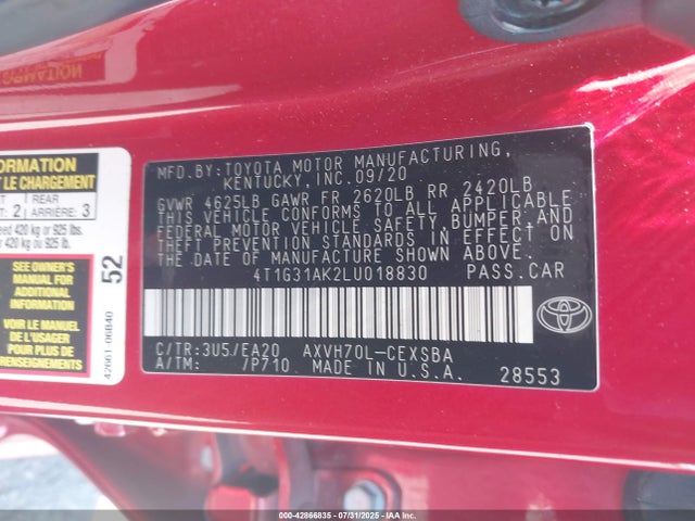 Toyota a25a-fxs, 3nm (li) 2020 4T1G31AK2LU018830 Image 9