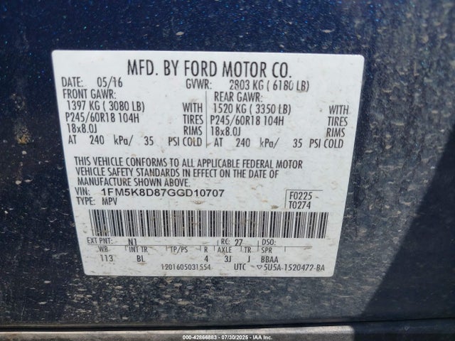 1FM5K8D87GGD10707 Ford 2016