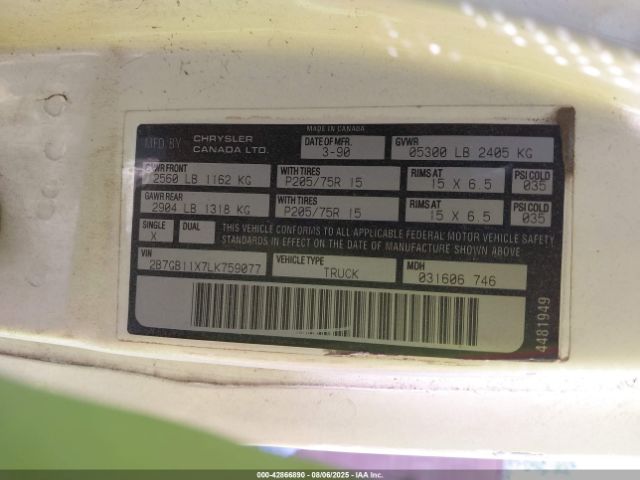 1990 DODGE RAM VAN 2B7GB11X7LK759077 Photo 8