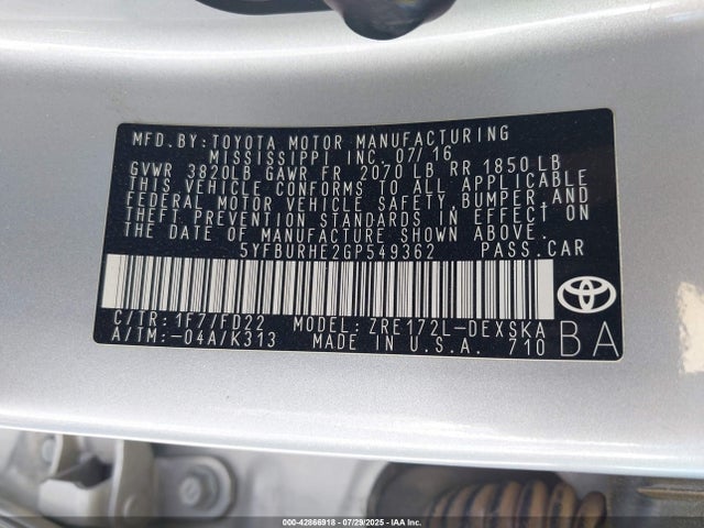 Toyota 2zr-fe 2016 5YFBURHE2GP549362 Image 9