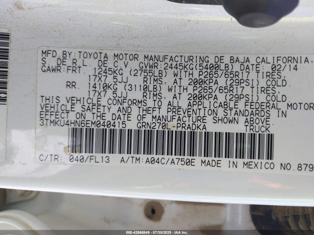 42866949 :رقم المزاد ، 3TMKU4HN6EM040415 vin ، 2014 Toyota Tacoma Prerunner V6 مزاد بيع