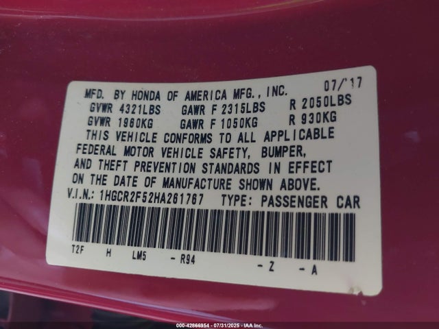 1HGCR2F52HA261767 Honda k24w1