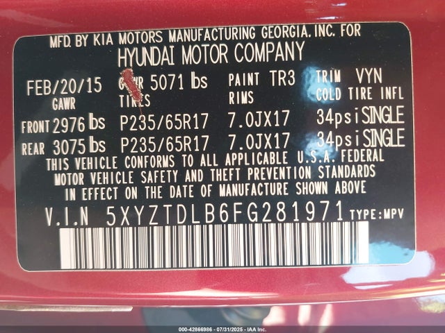 5XYZTDLB6FG281971 Hyundai dohc gdi theta ii