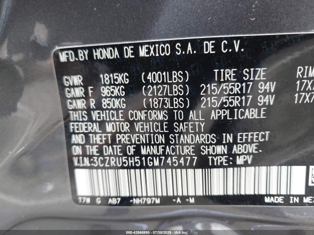 3CZRU5H51GM745477 Honda r18z9
