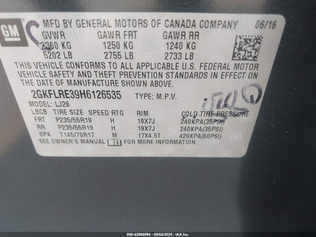 2GKFLRE39H6126535 GMC lfx - sidi: spark ignited direct injection, vvt: variable valve timing, e85 max, alum
