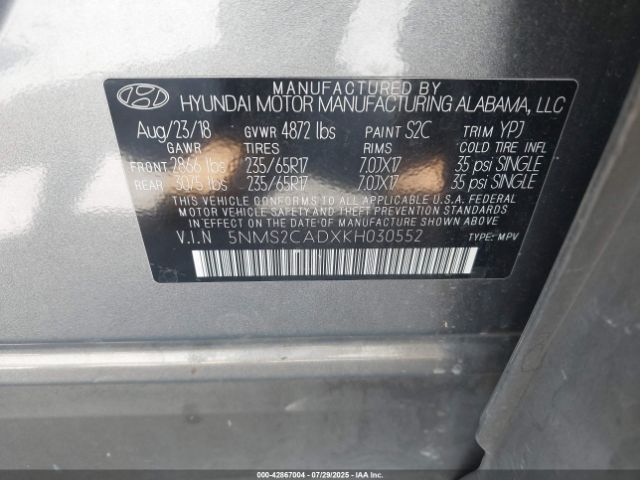 2019 HYUNDAI SANTA FE 5NMS2CADXKH030552 Photo 8