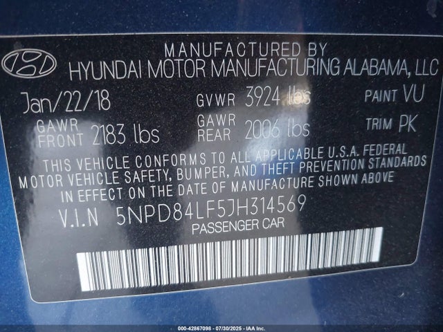 5NPD84LF5JH314569 Hyundai mpi nu