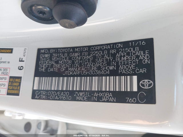 JTDKARFU5H3038404 Toyota 2zr-fxe,1nm