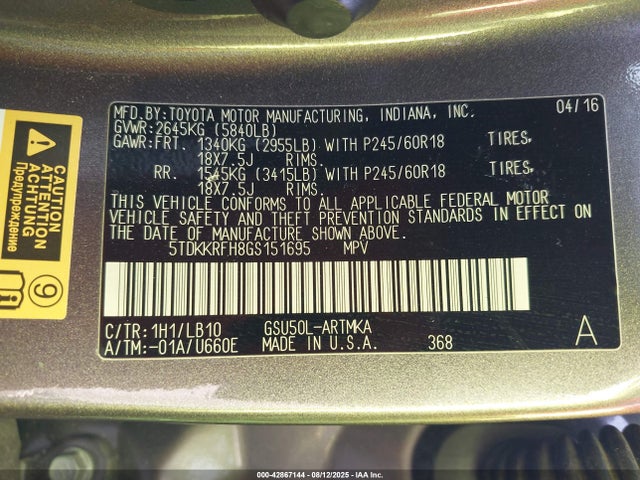 5TDKKRFH8GS151695 Toyota 2gr-fe