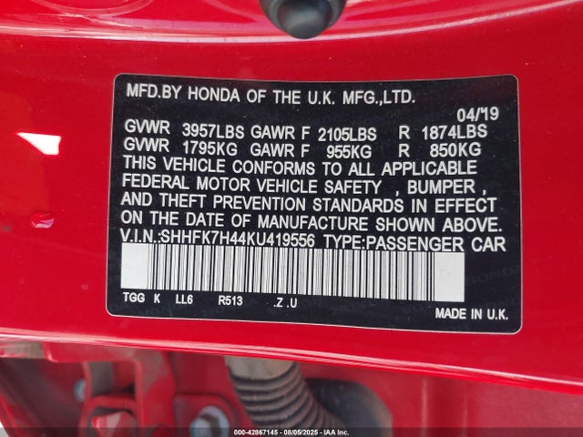SHHFK7H44KU419556 Honda l15ba